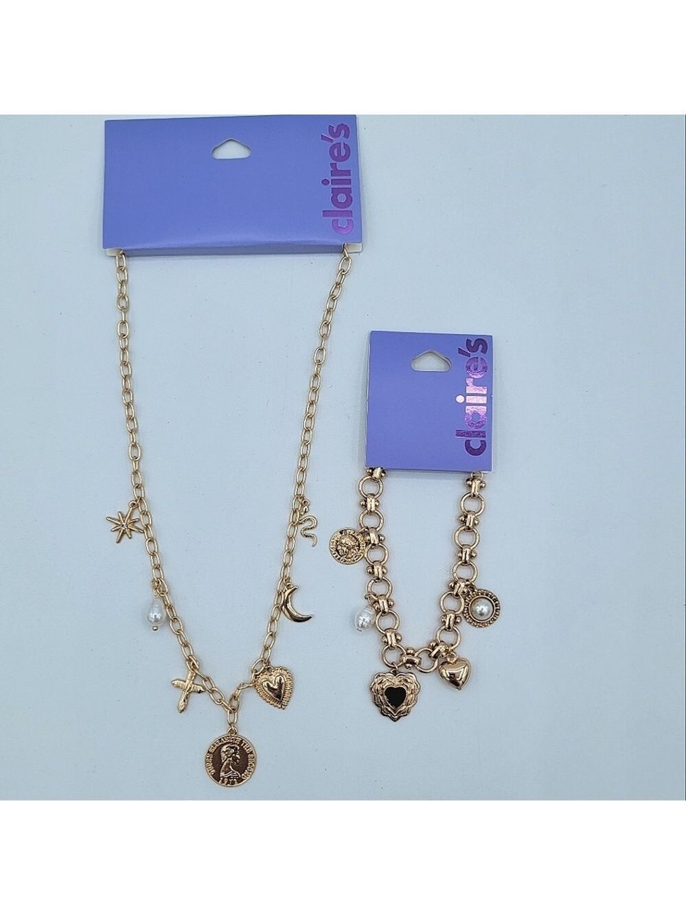 Claire's Gold Charm Necklace & Bracelet Set NEW #0003